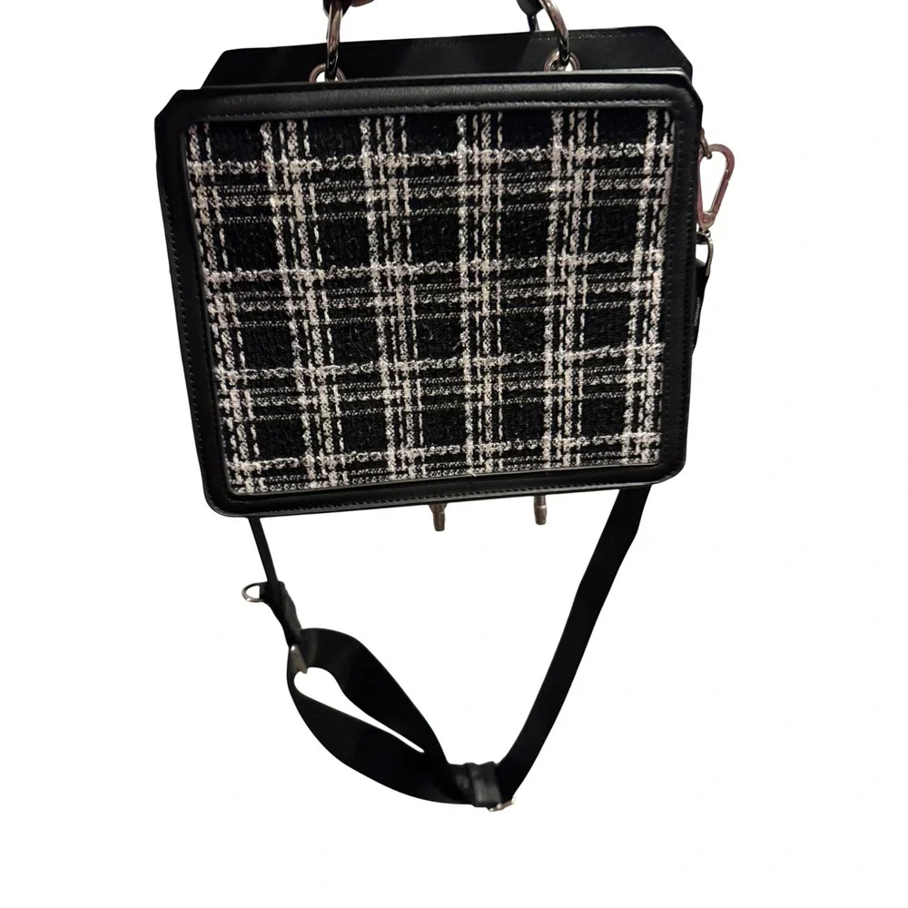 Steve Madden B-Zanny Plaid Tweed Box Crossbody Bag Black White Satchel